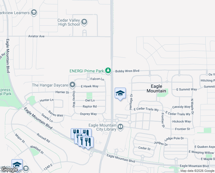 map of restaurants, bars, coffee shops, grocery stores, and more near 4580 Kestrel Way in Eagle Mountain
