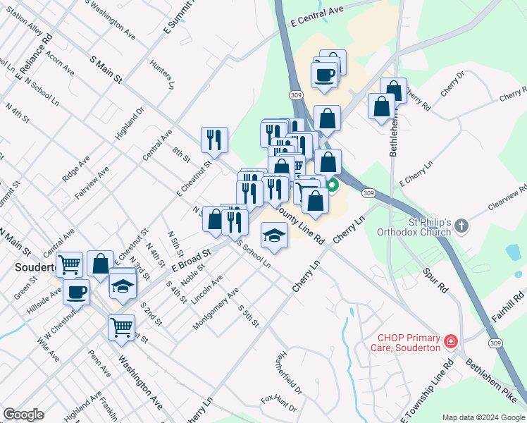 map of restaurants, bars, coffee shops, grocery stores, and more near 664 East Broad Street in Souderton