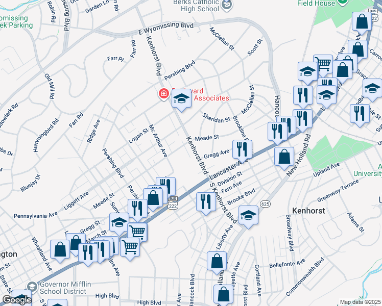 map of restaurants, bars, coffee shops, grocery stores, and more near 106 Kenhorst Boulevard in Reading