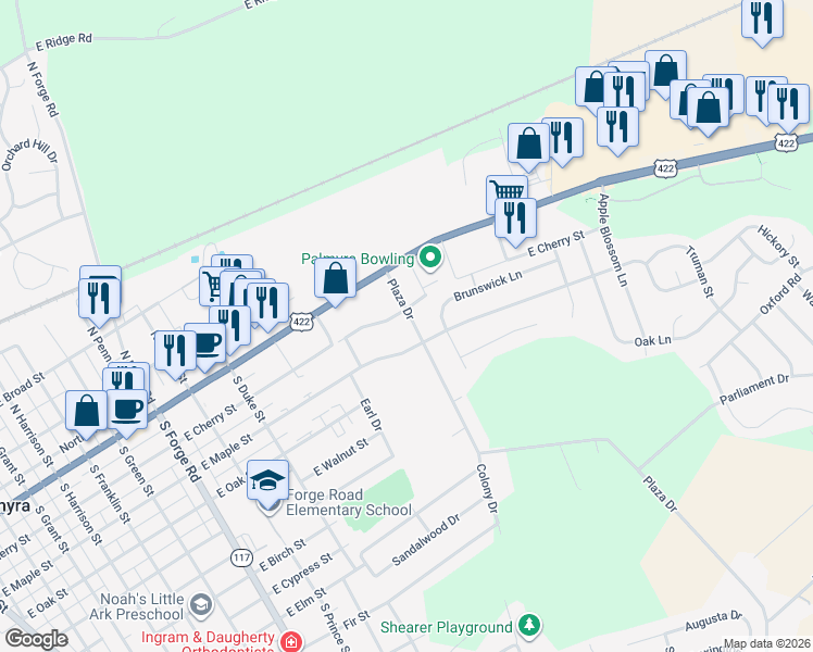 map of restaurants, bars, coffee shops, grocery stores, and more near 132 Plaza Drive in Palmyra