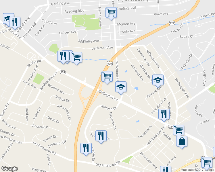 map of restaurants, bars, coffee shops, grocery stores, and more near 2387 Shillington Road in Reading