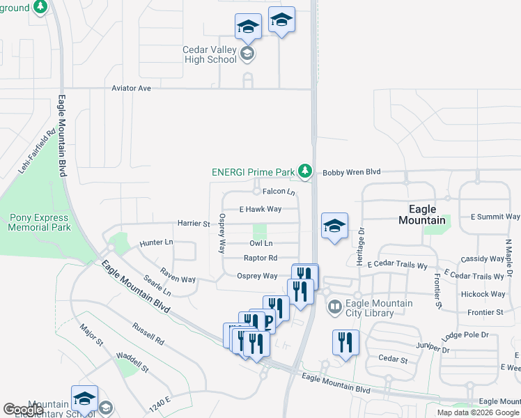 map of restaurants, bars, coffee shops, grocery stores, and more near 1423 East Hawk Way in Eagle Mountain