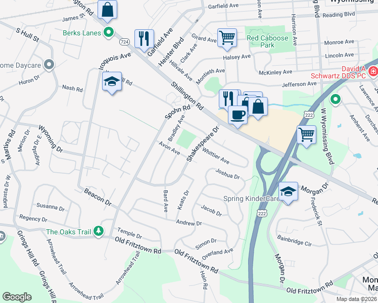 map of restaurants, bars, coffee shops, grocery stores, and more near 2700 Avon Avenue in Reading