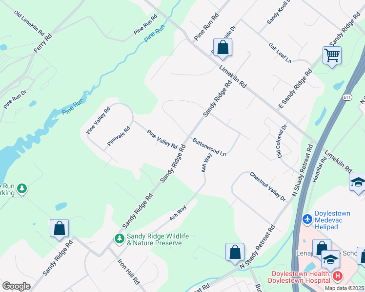 map of restaurants, bars, coffee shops, grocery stores, and more near 596 West Sandy Ridge Road in Doylestown