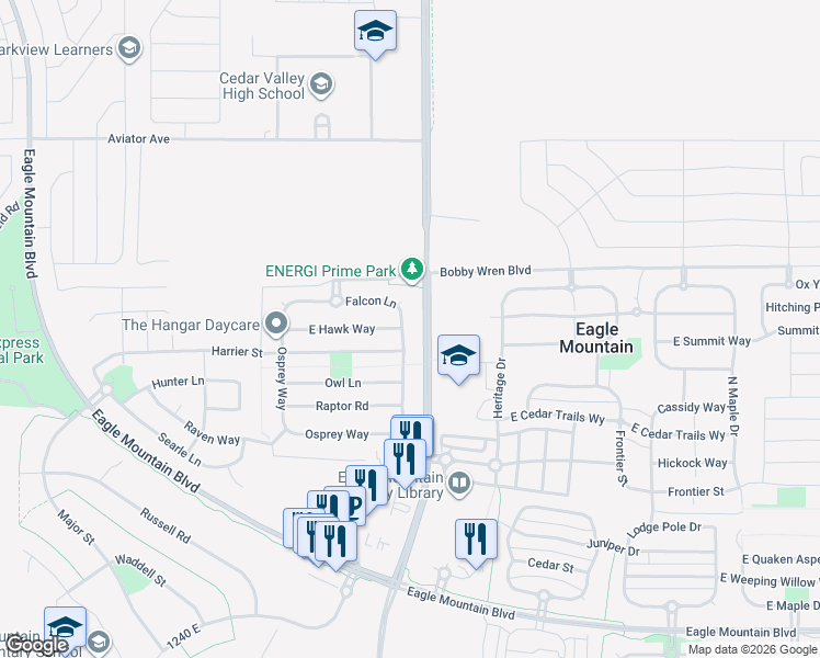 map of restaurants, bars, coffee shops, grocery stores, and more near 4580 Kestrel Way in Eagle Mountain