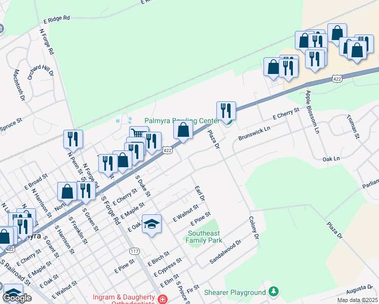 map of restaurants, bars, coffee shops, grocery stores, and more near 1016 East Cherry Street in Palmyra