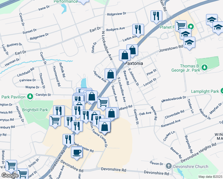 map of restaurants, bars, coffee shops, grocery stores, and more near 110 Sunset Avenue in Harrisburg