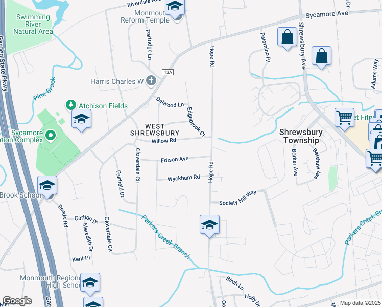 map of restaurants, bars, coffee shops, grocery stores, and more near 20 Edison Avenue in Tinton Falls