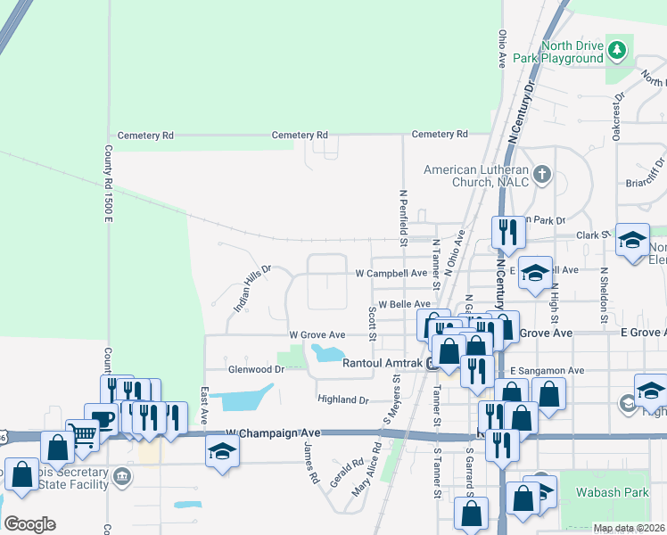 map of restaurants, bars, coffee shops, grocery stores, and more near 404 Neipswah Avenue in Rantoul