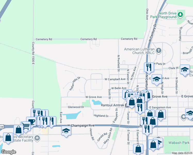 map of restaurants, bars, coffee shops, grocery stores, and more near 404 Neipswah Avenue in Rantoul