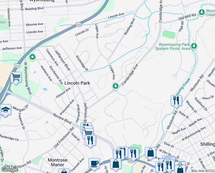 map of restaurants, bars, coffee shops, grocery stores, and more near 317 Greenbriar Road in Wyomissing