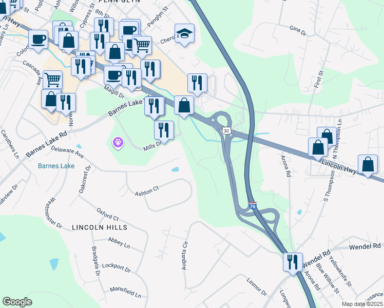 map of restaurants, bars, coffee shops, grocery stores, and more near Ronda Court in Irwin