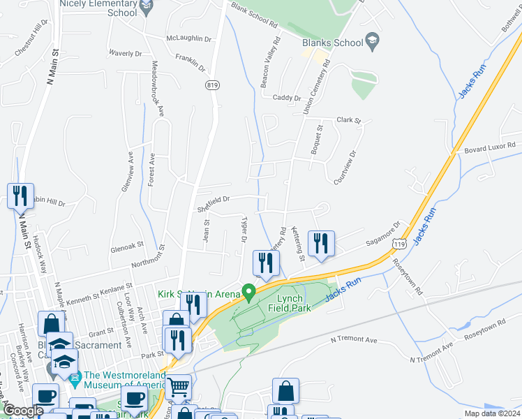 map of restaurants, bars, coffee shops, grocery stores, and more near 426 Oxford Drive in Greensburg
