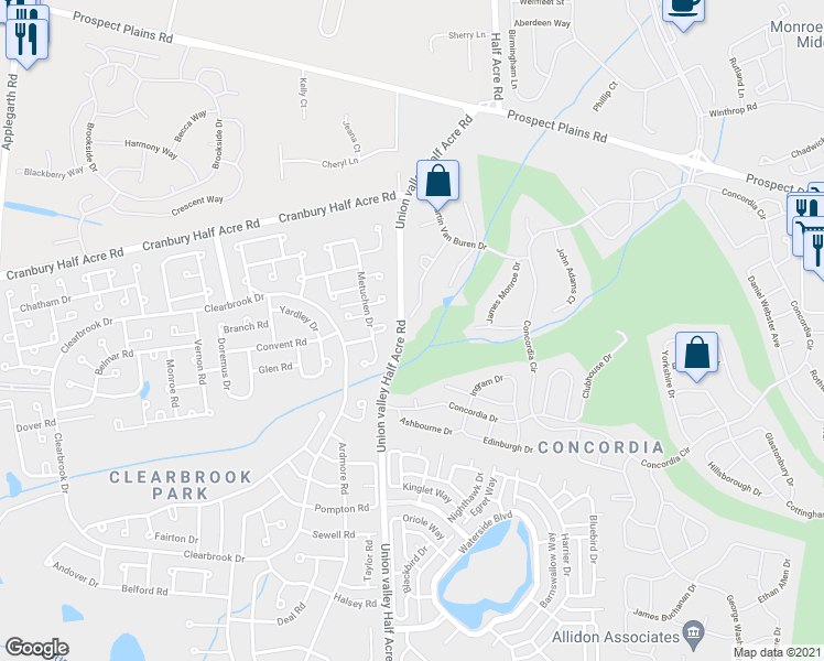 map of restaurants, bars, coffee shops, grocery stores, and more near 29A Benjamin Franklin Drive in Monroe Township