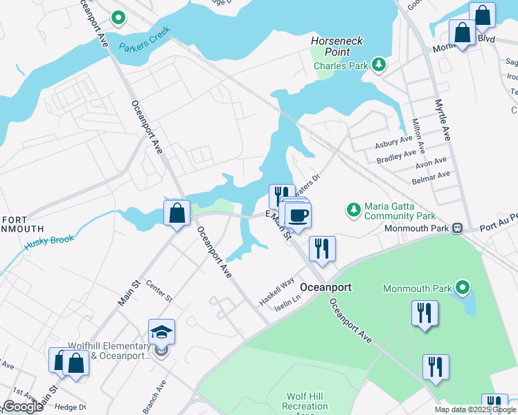map of restaurants, bars, coffee shops, grocery stores, and more near 9 Bridgewaters Drive in Oceanport