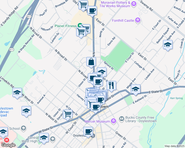 map of restaurants, bars, coffee shops, grocery stores, and more near 196 North Main Street in Doylestown