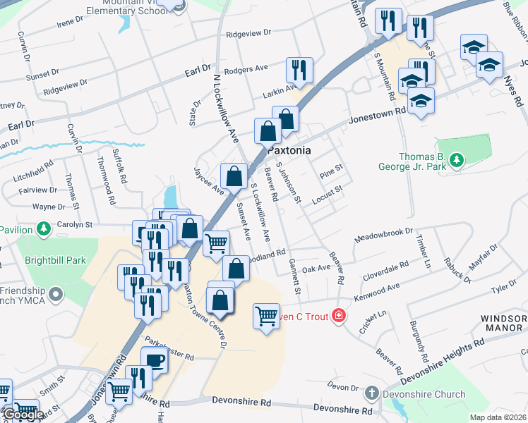 map of restaurants, bars, coffee shops, grocery stores, and more near 119 South Lockwillow Avenue in Harrisburg