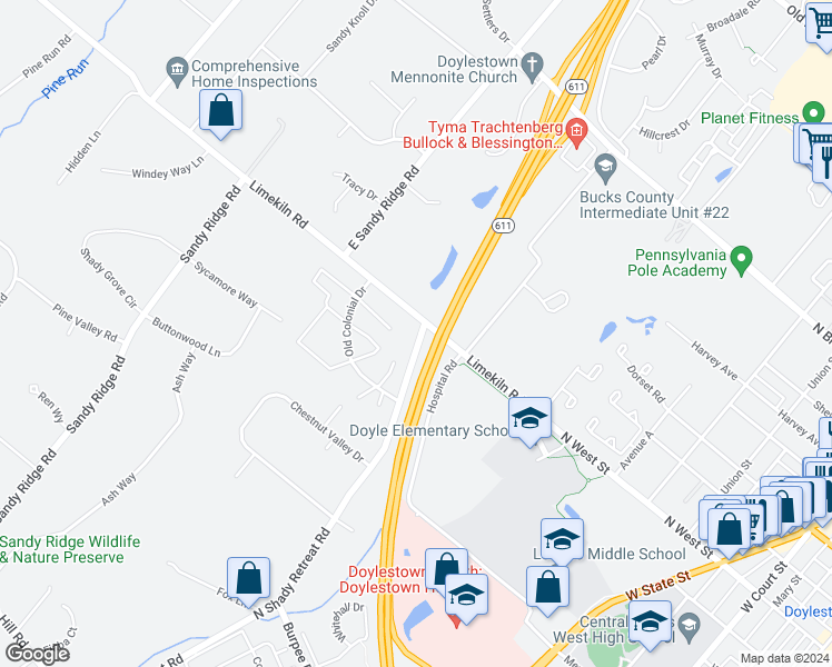 map of restaurants, bars, coffee shops, grocery stores, and more near 14 Independence Way in Doylestown