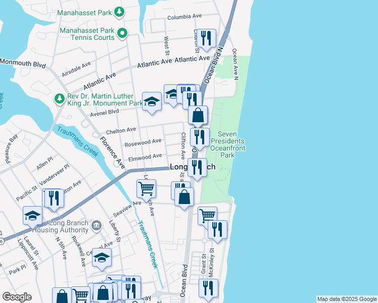 map of restaurants, bars, coffee shops, grocery stores, and more near 422 Ocean Boulevard North in Long Branch