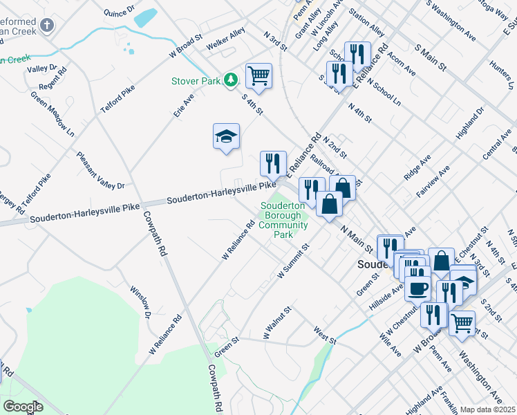 map of restaurants, bars, coffee shops, grocery stores, and more near 61 West Reliance Road in Souderton