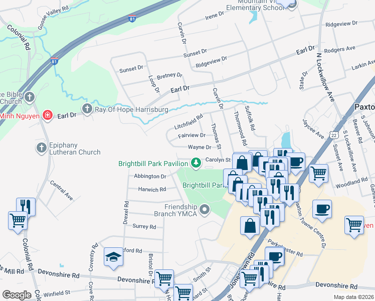 map of restaurants, bars, coffee shops, grocery stores, and more near 123 Carolyn Street in Harrisburg