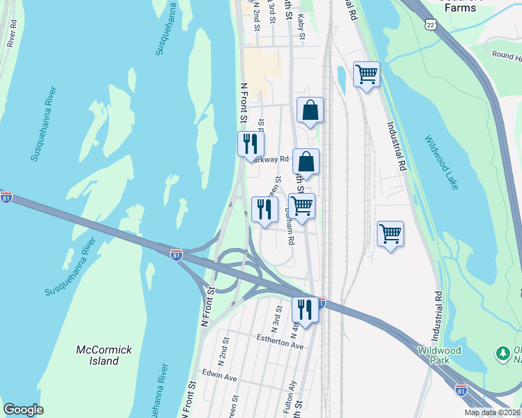 map of restaurants, bars, coffee shops, grocery stores, and more near 3908 Green Street in Harrisburg