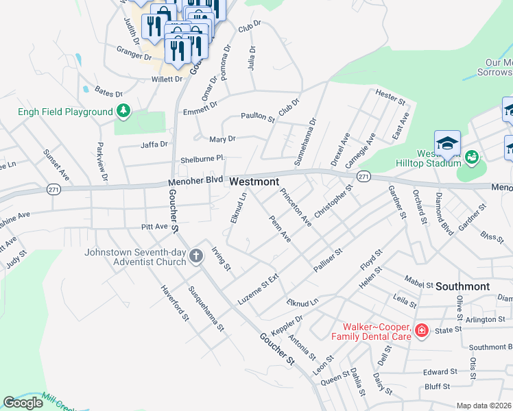 map of restaurants, bars, coffee shops, grocery stores, and more near 602 Penn Avenue in Johnstown