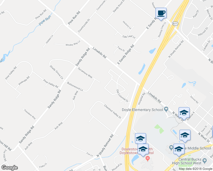 map of restaurants, bars, coffee shops, grocery stores, and more near 54 Providence Avenue in Doylestown