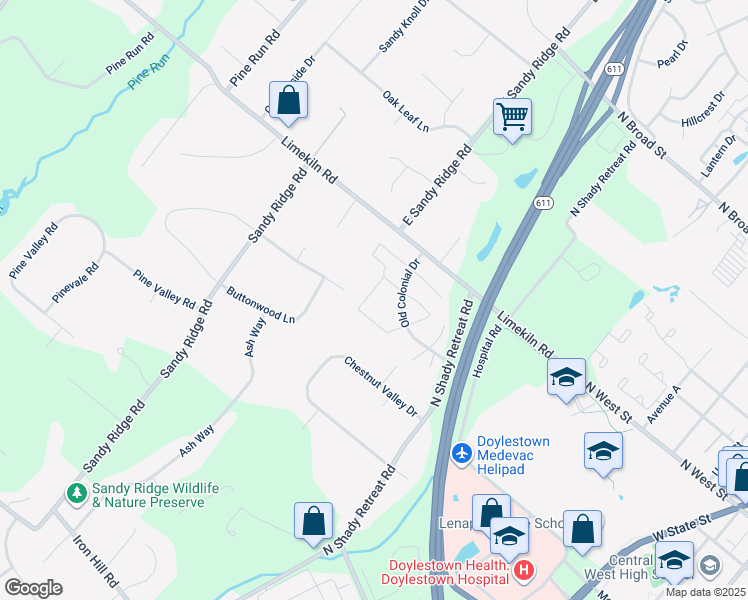 map of restaurants, bars, coffee shops, grocery stores, and more near 46 Providence Avenue in Doylestown