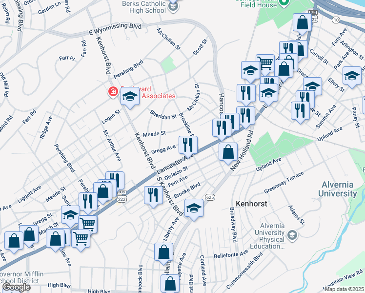 map of restaurants, bars, coffee shops, grocery stores, and more near 1114 Gregg Avenue in Reading