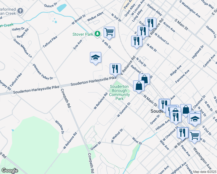 map of restaurants, bars, coffee shops, grocery stores, and more near 61 West Reliance Road in Souderton