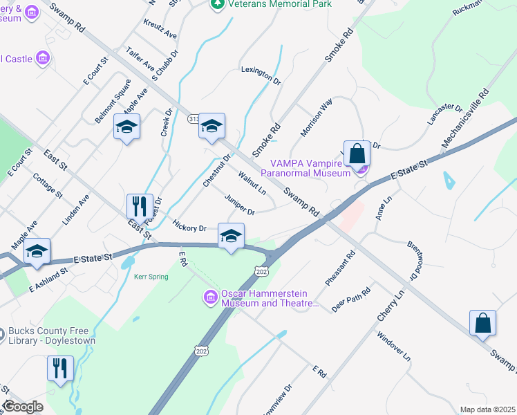 map of restaurants, bars, coffee shops, grocery stores, and more near 17 Juniper Drive in Doylestown