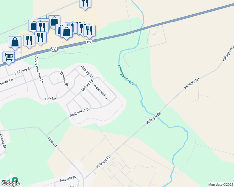 map of restaurants, bars, coffee shops, grocery stores, and more near 84 Oxford Road in Annville