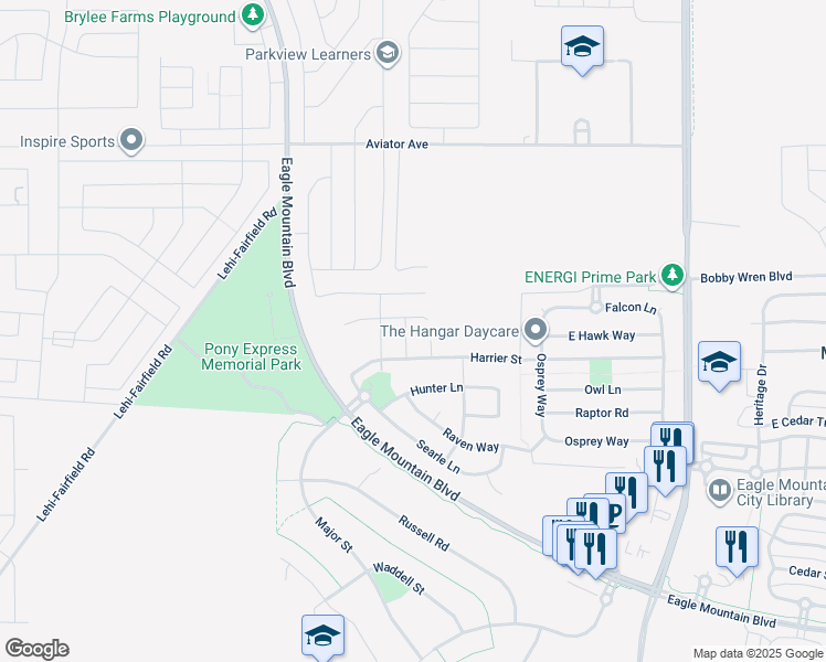 map of restaurants, bars, coffee shops, grocery stores, and more near Hunter Ln in Eagle Mountain