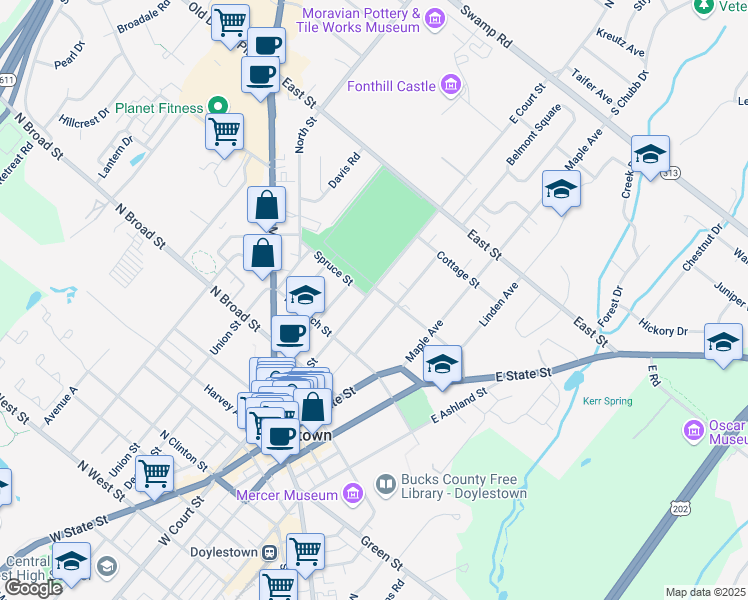 map of restaurants, bars, coffee shops, grocery stores, and more near 201 Belmont Avenue in Doylestown