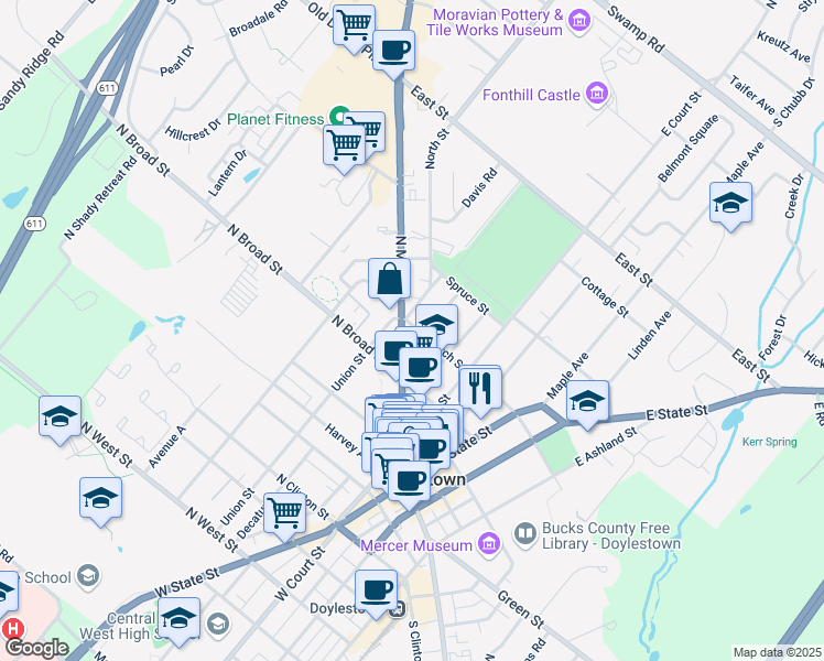 map of restaurants, bars, coffee shops, grocery stores, and more near 175 North Main Street in Doylestown