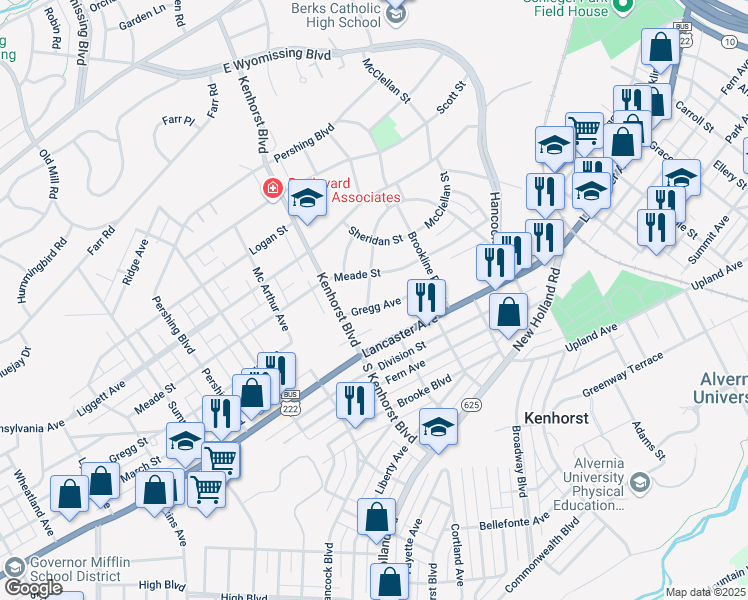 map of restaurants, bars, coffee shops, grocery stores, and more near 1136 Gregg Avenue in Reading