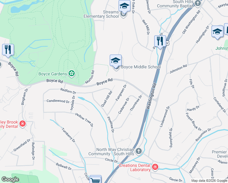 map of restaurants, bars, coffee shops, grocery stores, and more near 2643 Quail Hill Road in Pittsburgh