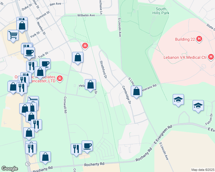 map of restaurants, bars, coffee shops, grocery stores, and more near 114 Monticello Drive in Lebanon