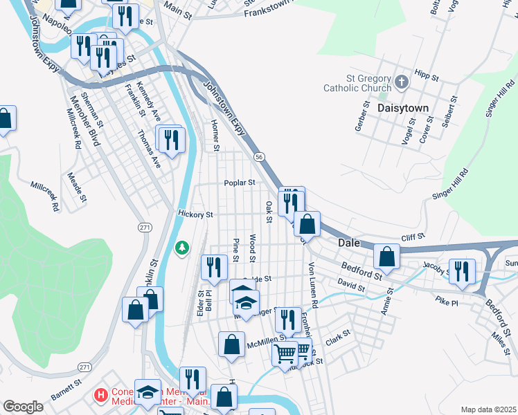 map of restaurants, bars, coffee shops, grocery stores, and more near 309 Hickory Street in Johnstown