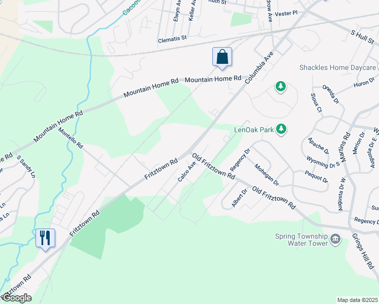 map of restaurants, bars, coffee shops, grocery stores, and more near 2 Old Fritztown Road in Reading