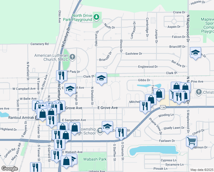 map of restaurants, bars, coffee shops, grocery stores, and more near in Rantoul