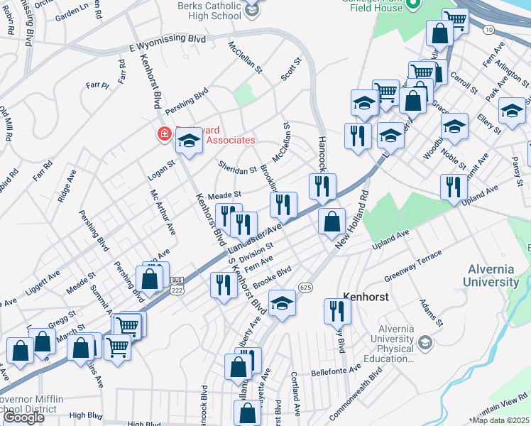 map of restaurants, bars, coffee shops, grocery stores, and more near 1114 Gregg Avenue in Reading