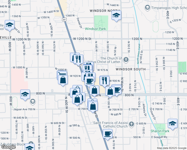 map of restaurants, bars, coffee shops, grocery stores, and more near 191 West 930 North Street in Orem