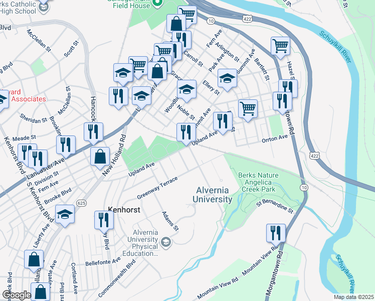 map of restaurants, bars, coffee shops, grocery stores, and more near 700 Upland Avenue in Reading
