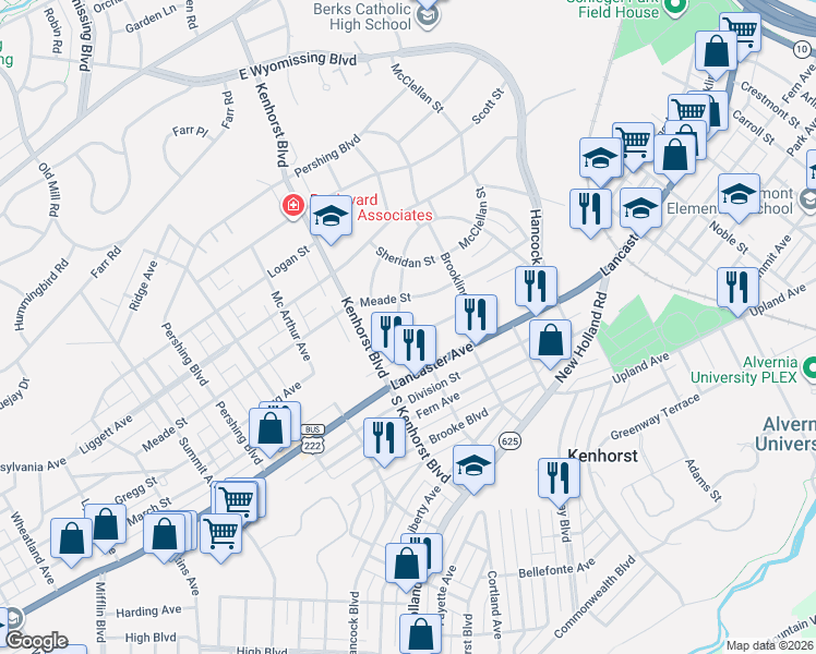 map of restaurants, bars, coffee shops, grocery stores, and more near 1136 Gregg Avenue in Reading