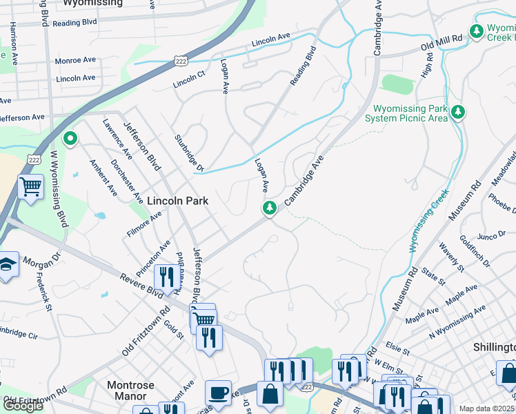 map of restaurants, bars, coffee shops, grocery stores, and more near 320 Logan Avenue in Wyomissing
