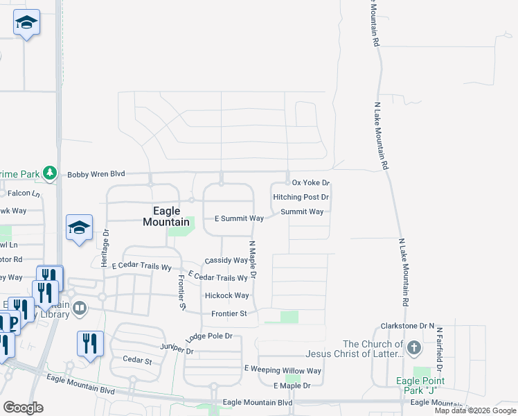 map of restaurants, bars, coffee shops, grocery stores, and more near 4624 North Maple Drive in Eagle Mountain