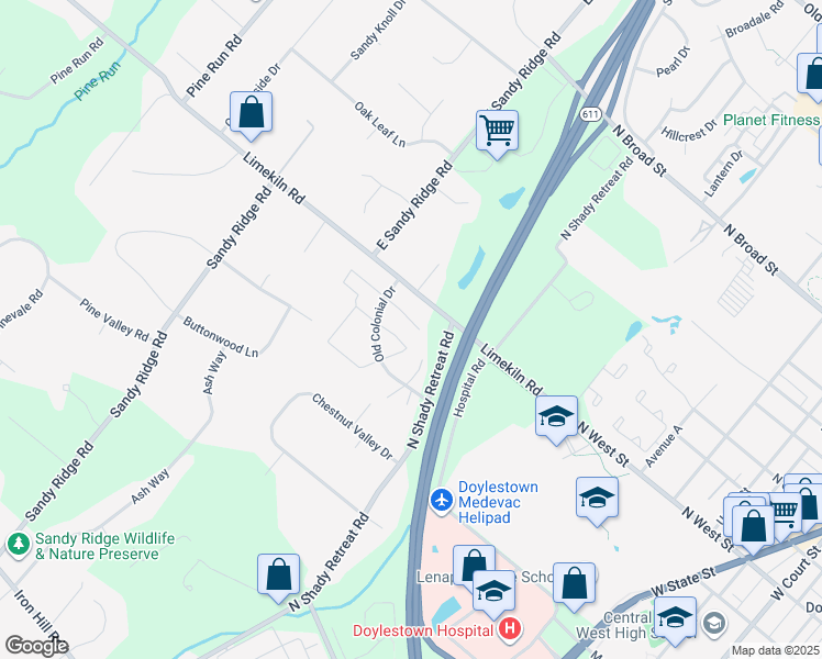 map of restaurants, bars, coffee shops, grocery stores, and more near 5 Carriage Drive in Doylestown