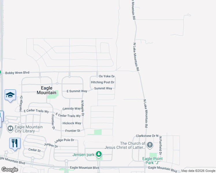 map of restaurants, bars, coffee shops, grocery stores, and more near 2419 Jim Bridger Drive in Eagle Mountain